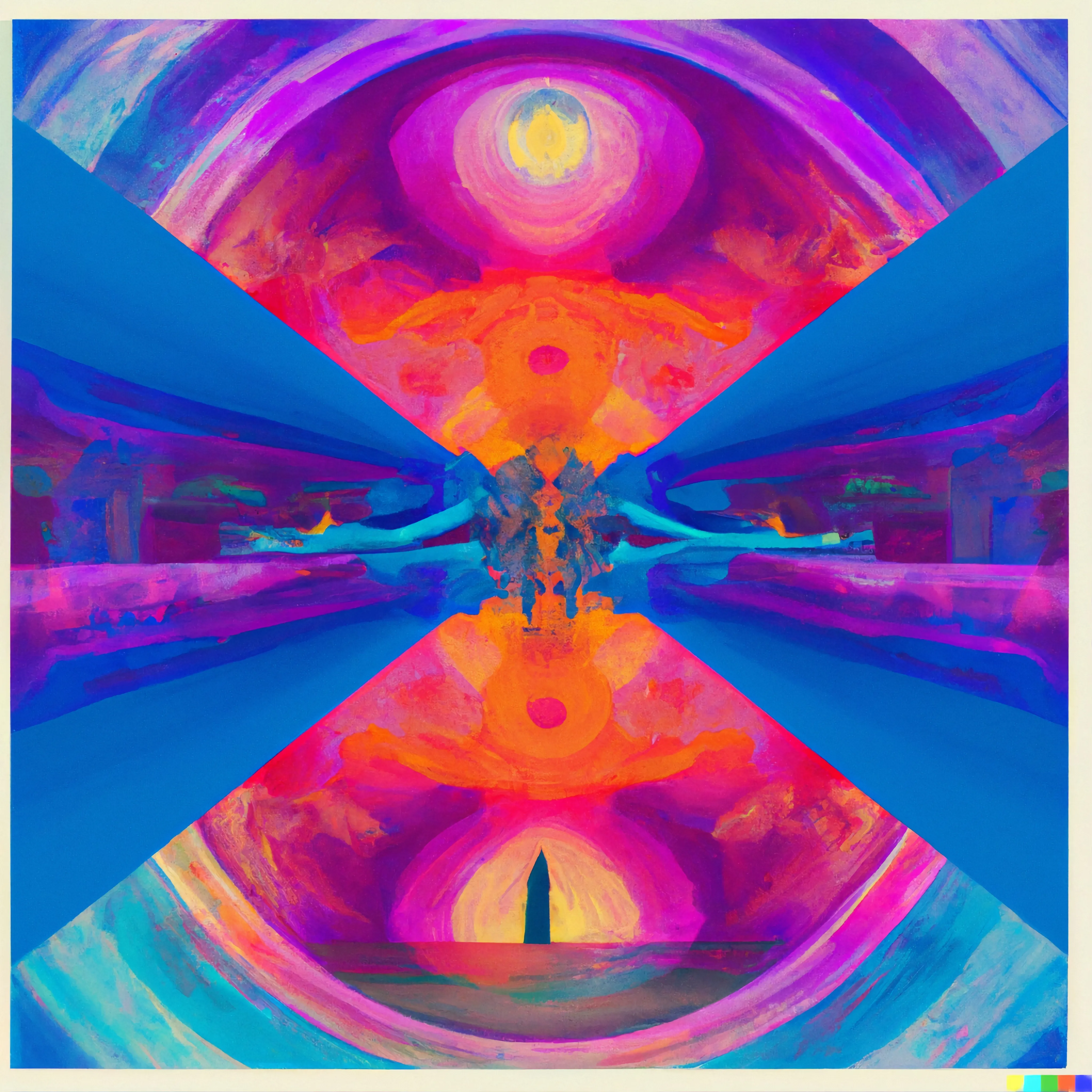 Colorful symmetrical abstract artwork in blue, violet and orange
