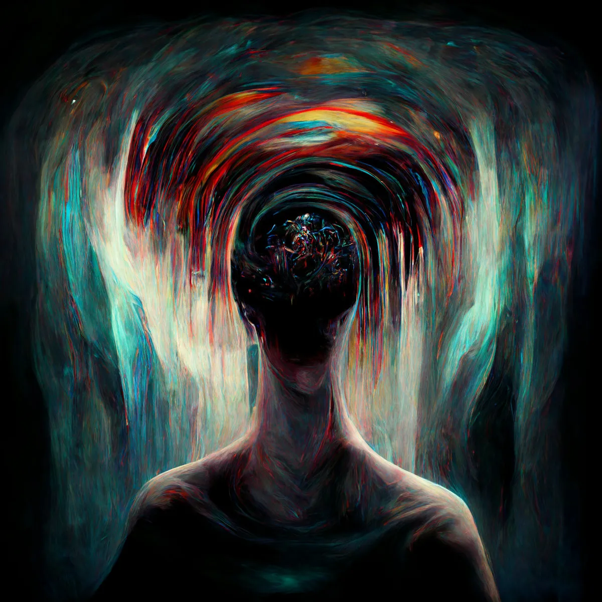 Abstract dark portrait with turquoise and red swirls